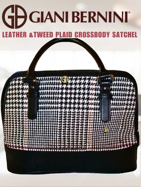 Giani Bernini Leather Black White Red Herringbone Tweed Crossbody Satchel New